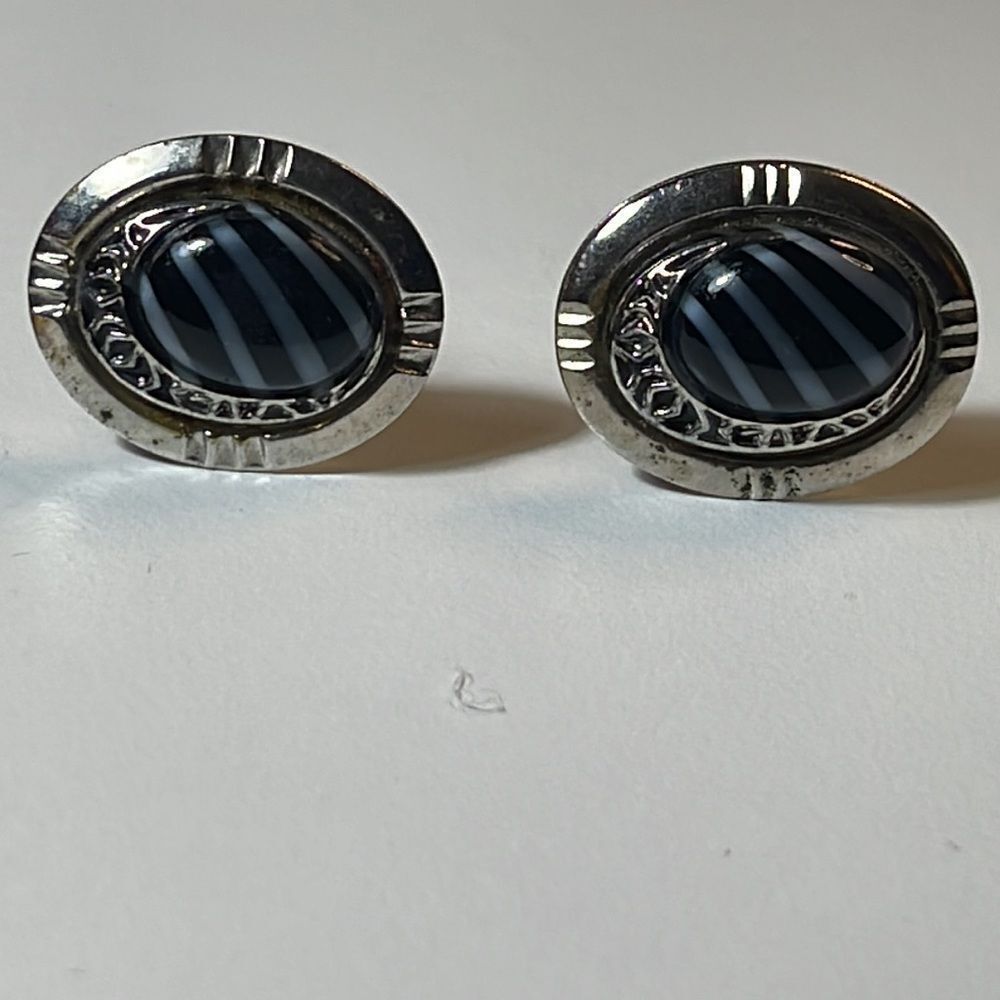 Silver Tone Cuff Links with Black and Gray Diagonal Stripes